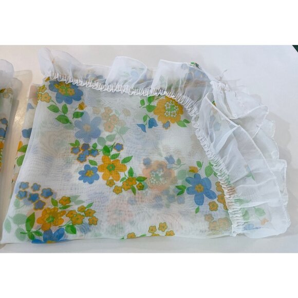 Vintage 80s curtains, orange blue flowers, white, ruffled pair of panels - Picture 8 of 9